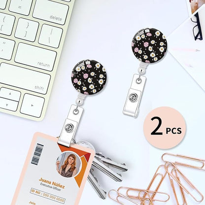 2 Pack Badge Reels Holder Retractable with ID Clip for Nurse Name Tag Card Nursing for Doctor Teacher Student Employee Office Medical Work (Cute Daisy)