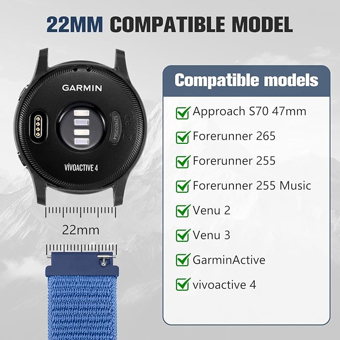 18mm 20mm 22mm Hook and Loop Watch Band Compatible with Garmin Vivoactive 5/ Vivoactive 6/ Vivoactive 3, Soft Nylon Breathable Sport Strap for Venu 2S/ Venu3S/ Forerunner 265s,Venu 3/ Venu 2 Men Women