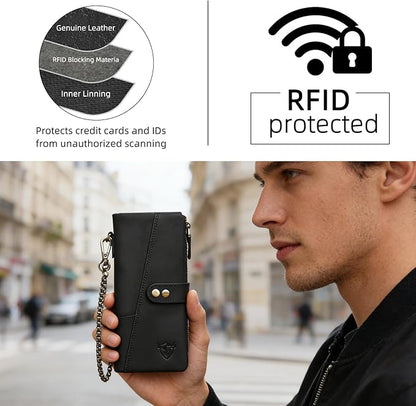 Genuine Crazy Horse Leather Travel Gift Coin Pocket Card Case Long Organizer Chain Rfid Wallet Purse With Snap For Men Male 1803 1815 (1803 The Black2)