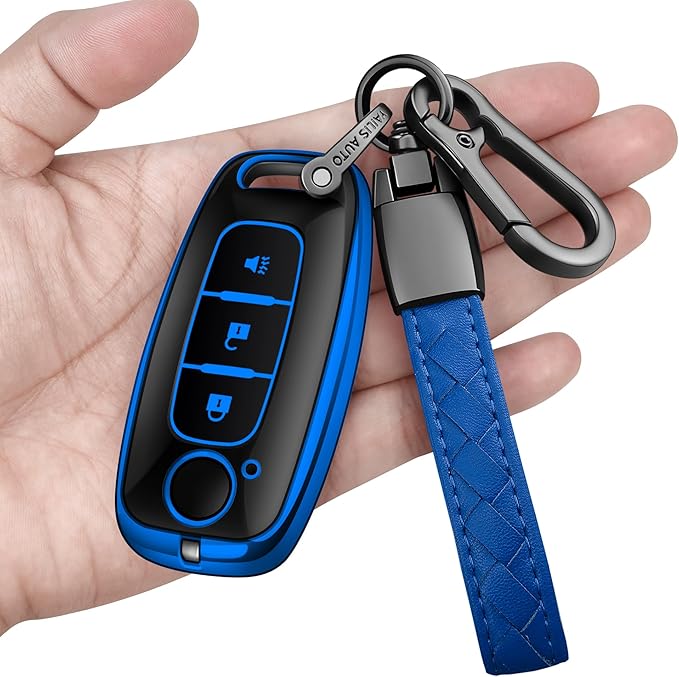 Sindeda for Nissan Key Fob Cover with Keychain Soft Full Protection Key Shell Key Case Compatible with 2023 2024 2025 Pathfinder Kicks Rouge(Blue, 3 Buttons)
