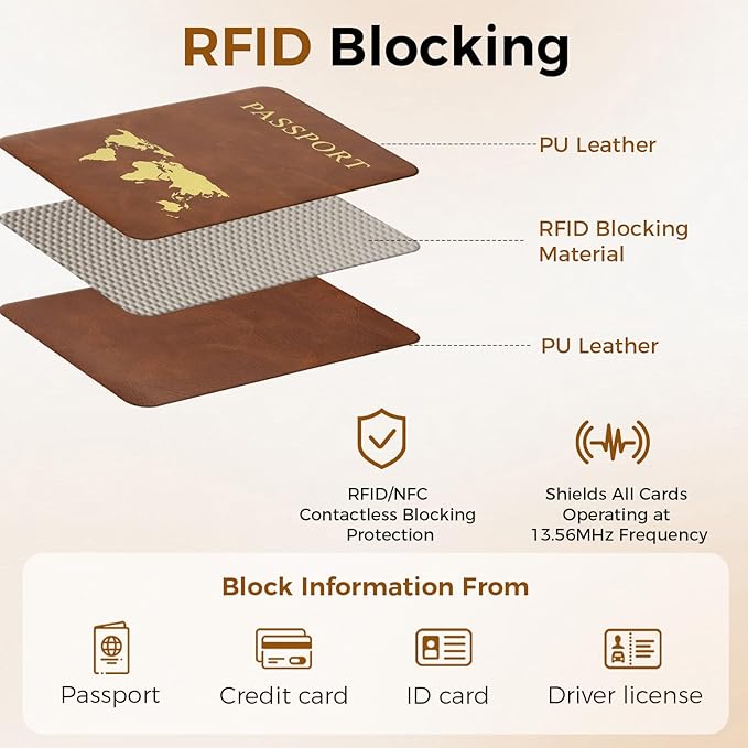 Passport Holder for Travel Women Men - Passport Cover Wallet with Airtag Slot - RFID Blocking PU Leather Passport Holder Case with Card Holder, Pen Slot - Brown
