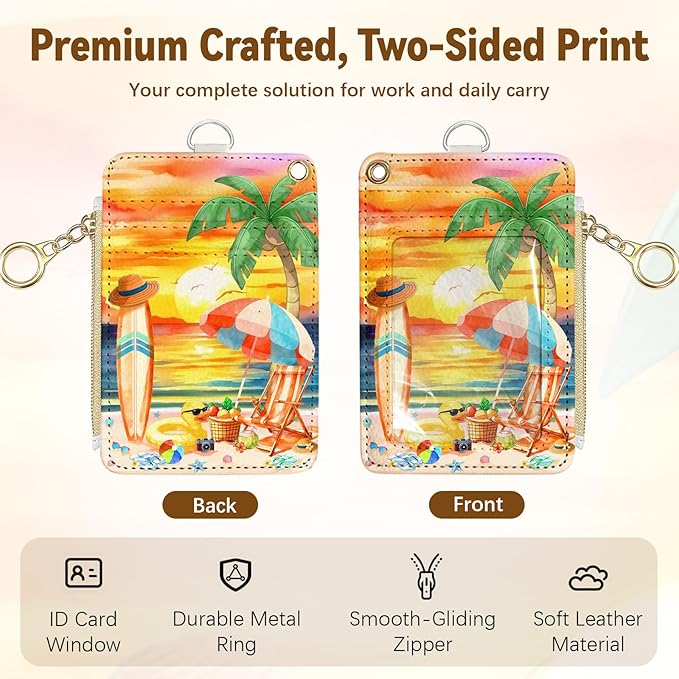 Tropical Leather Badge Holder with Zipper Pocket, Beautiful Work Lanyards and 1 Zip Pocket, 4 Card Slots, Breakaway Lanyards with Metal Clasp for Offices, Staff, Adult, Employees