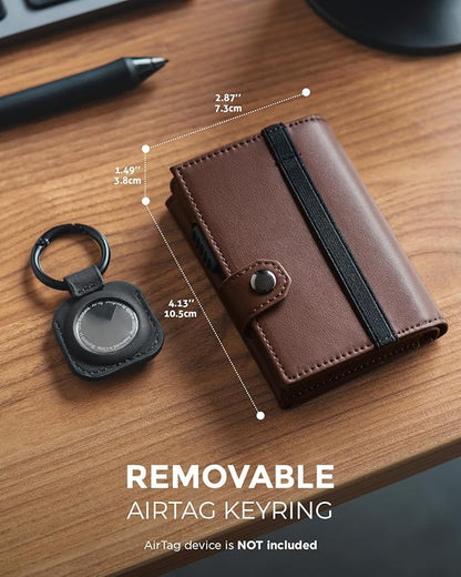 VULKIT Airtag Wallet with Keyring Leather Mens Pop up Credit Card Wallet with Air Tag Holder Trifold ID Window RFID Blocking（Espresso）