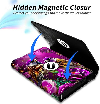Minimalist Wallet for Men's Card Holders, Pop-Up Card Case Wallets for Women, Leather Automatic Credit Card Holder with Metal Money Clip RFID Blocking Bifold Pocket, 2 Hummingbird Flowers