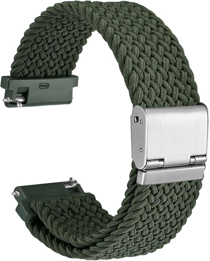 WOCCI 18mm Braided Nylon Watch Band for Men and Women, Quick Release, Silver Stainless Steel Buckle (Khaki Green)