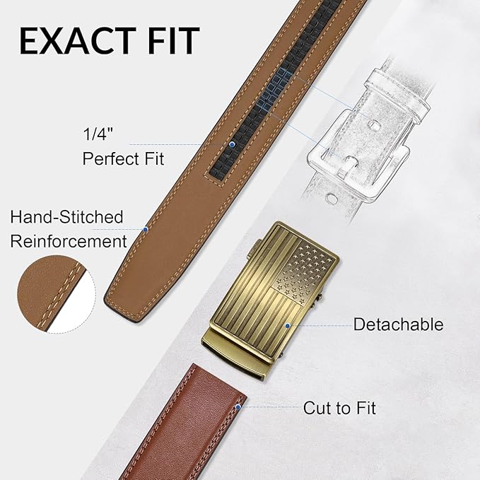 SANSTHS Mens Ratchet Belts Leather 1 3/8" for Men Dress and Casual, Adjustable Click Belts with American Flag Buckles