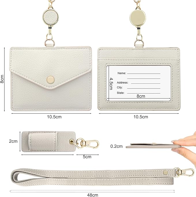 Office Badge Holder - Boshiho Genuine Leather Credit ID Card Holder with Stretch Neck Lanyard and Pen Clip, Gift Box (Horizontal-White)