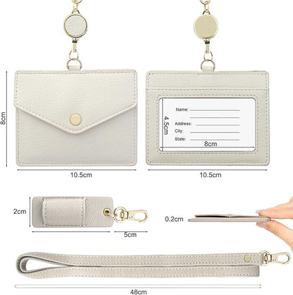 Office Badge Holder - Boshiho Genuine Leather Credit ID Card Holder with Stretch Neck Lanyard and Pen Clip, Gift Box (Horizontal-White)