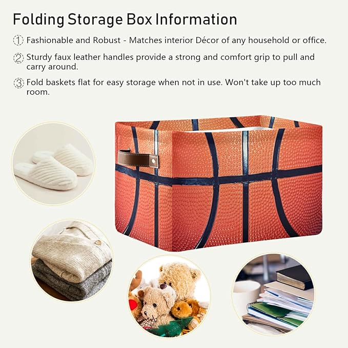 Sport Basketball Storage Bin Canvas Toys Storage Basket Bin Large Storage Cube Box Collapsible with Handles for Home Office Bedroom Closet Shelves，1 pc