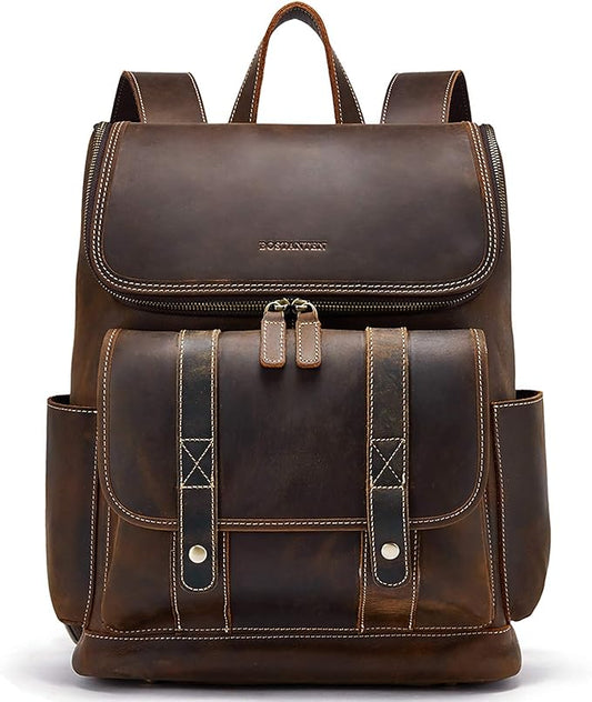 BOSTANTEN Leather Backpack for Men 15.6 inch Laptop Backpack Vintage Travel Office Bag Large Capacity Shoulder Bag Coffee