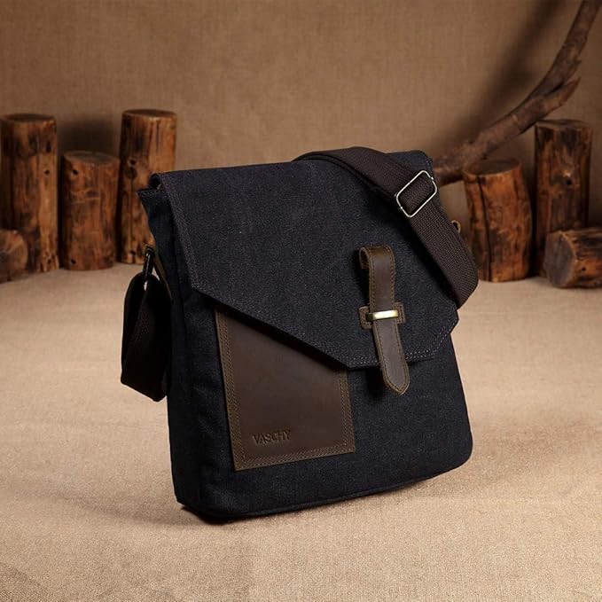 VASCHY Small Messenger Bag, Vintage Canvas Leather Lightweight Crossbody Bag