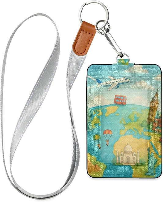 Badge Holder, Travel The World PU Leather School College Business ID Badge Card Holder Wallet Case with 1 Clear Window, 2 Credit Card Slots and Detachable Neck Lanyard - Vertical