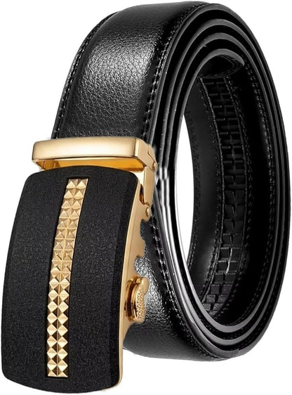 JINIU Men's Ratchet Belt Buckle, Black Genuine Leather Slide Belt for Men Dress Suit, Micro Adjustable Trim to Fit Boxed