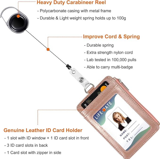 Badge Holder with Zipper, Life-Mate PU Leather ID Badge Card Holder Wallet Case with 5 Card Slots Zipper Pocket 19" Polyester Neck Lanyard Heavy Duty Metal Retractable Badge Reel (Rose Gold)