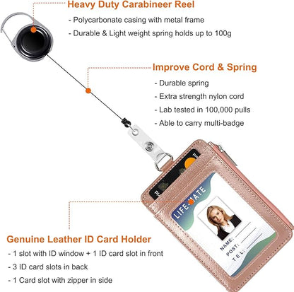 Badge Holder with Zipper, Life-Mate PU Leather ID Badge Card Holder Wallet Case with 5 Card Slots Zipper Pocket 19" Polyester Neck Lanyard Heavy Duty Metal Retractable Badge Reel (Rose Gold)