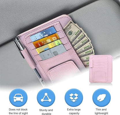 Augeny Car Sun Visor Organizer, Small Auto Visor Organizer and Storage, Registration and Document Holder, Vehicle Accessories for Sunglasses, Document, Card, Pen, Driver License (Pink)