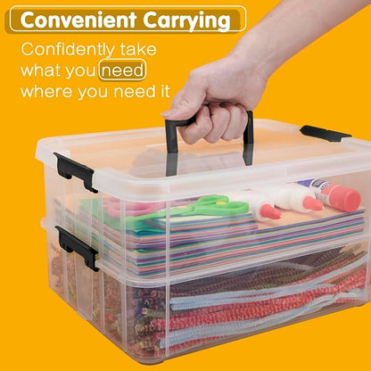 TERGOO 2 Layer Plastic Storage Containers with Lids, Multipurpose Clear Stack & Carry Box, Portable Craft Organizers and Storage Bin for Organizing Art & Craft, Sewing, Makeup, Nail Supplies (Black)