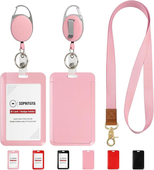 Retractable ID Badge Holder with Lanyard,Heavy Duty Badge Reel,Detachable Keychain, Cruise Ship Cards Holder,for Nurse Officer Teacher Security Staff Women Men(Pink, Vertical)