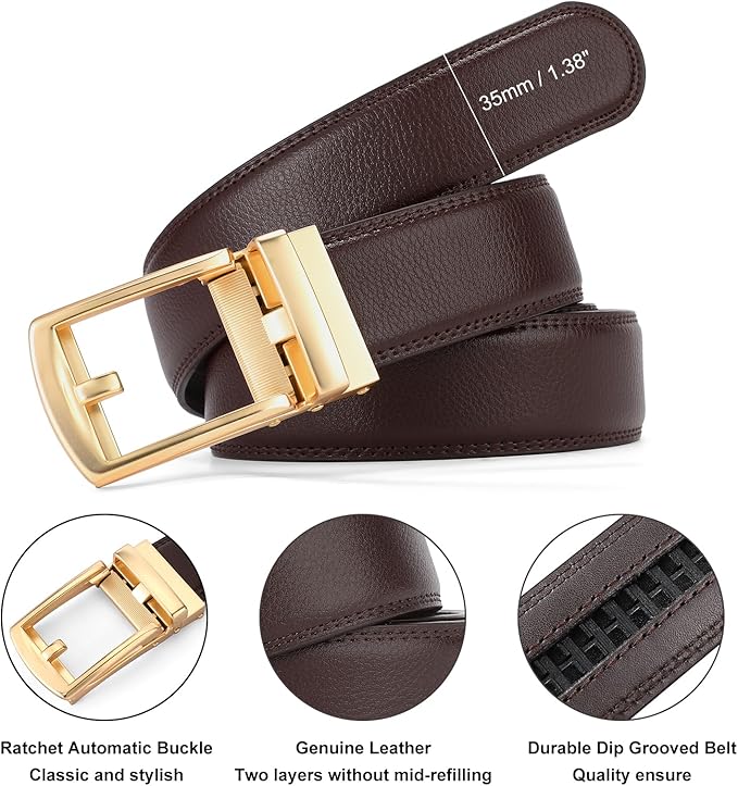 GAEKEAO Ratchet Belt for Men Genuine Leather 1 3/8" - Micro-Adjust Buckle Trim to Fit Dress Belt Casual to Formal Gift Boxed