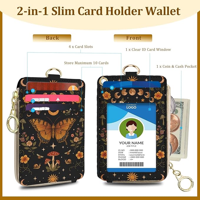Butterfly Boho Lanyard Wallet with ID Badge Holder, Sun and Moon Mushroom Flower PU Leather Zipper Slim Card Holder for Women,Adjustable Neck Lanyard Wrist Strap with Keychain for Teacher Student