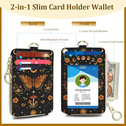 Butterfly Boho Lanyard Wallet with ID Badge Holder, Sun and Moon Mushroom Flower PU Leather Zipper Slim Card Holder for Women,Adjustable Neck Lanyard Wrist Strap with Keychain for Teacher Student