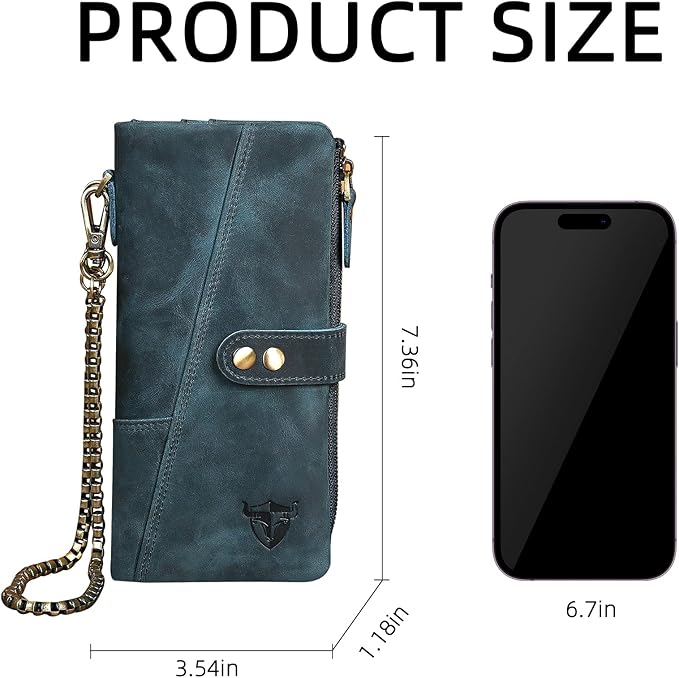 Genuine Crazy Horse Leather Travel Gift Coin Pocket Card Case Long Organizer Chain Rfid Wallet Purse With Snap For Men Male 1803 1815 (1803 The Blue)