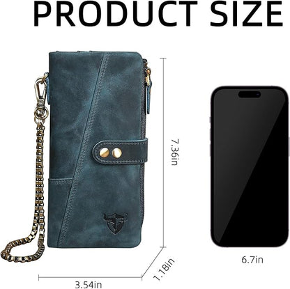 Genuine Crazy Horse Leather Travel Gift Coin Pocket Card Case Long Organizer Chain Rfid Wallet Purse With Snap For Men Male 1803 1815 (1803 The Blue)