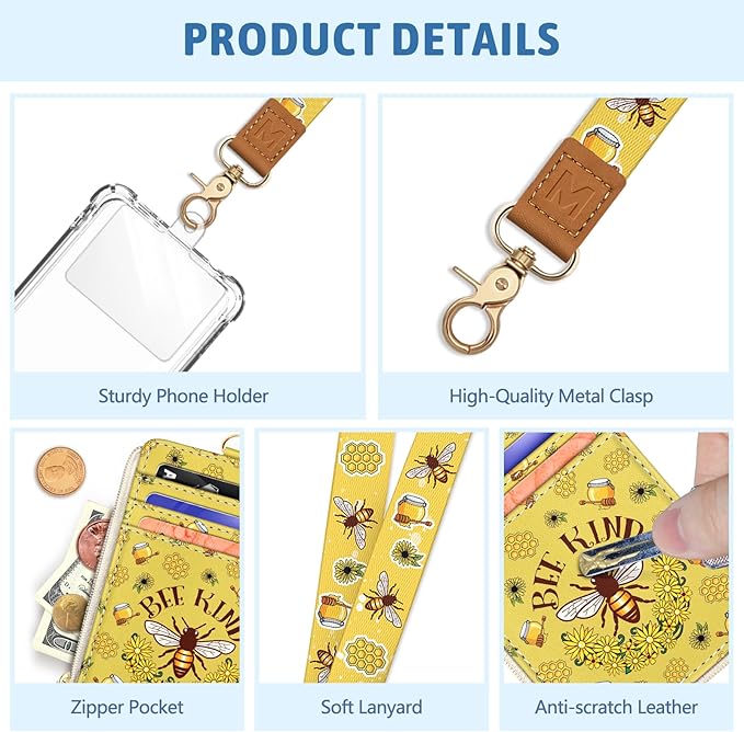 Piefly Bee Kind Lanyard Wallet with ID Badge Holder, Small RFID Wallet Women Keychain Wristlet, Slim Credit Card Holder Case with Zipper Pocket Phone Lanyard Wrist Strap Name Tag Office Teacher Gift