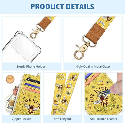 Piefly Bee Kind Lanyard Wallet with ID Badge Holder, Small RFID Wallet Women Keychain Wristlet, Slim Credit Card Holder Case with Zipper Pocket Phone Lanyard Wrist Strap Name Tag Office Teacher Gift