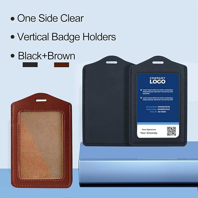 Larpur Pack of 2 Genuine Leather Badge Holders, Vertical ID Card Holders with 1 Clear ID Window for Work, School, Office