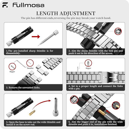 Fullmosa Stainless Steel Watch Band 16mm 18mm 19mm 20mm 22mm 24mm, Quick Release Metal Replacement Strap with Removable Links, Includes Spring Bars & Link Removal Tool for Men Women (22mm, Silver)
