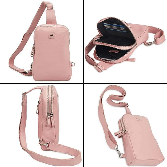 Leather Sling Bag for Women Genuine Crossbody Purse Small Trendy Cross Over Chest with Phone and Credit Card Slots (Baby Pink Nappa)