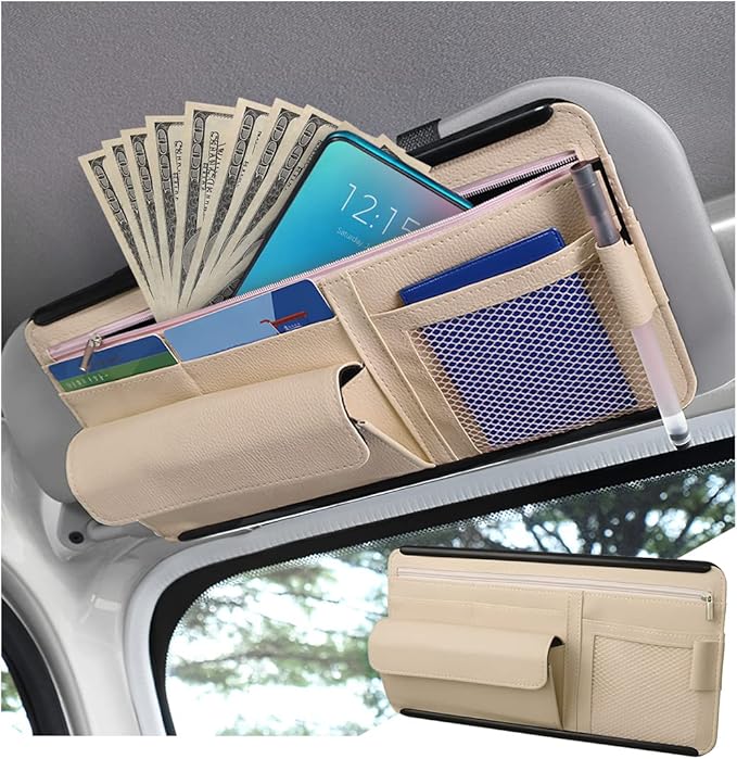 Car Sun Visor Organizer, Car Visor Pocket Wallet Pouch Holder, Vehicle Sunshade Glasses Case Storage Bag with Multi-Pocket Net Zipper, Auto Interior Accessories Universal for SUV Truck Van (Beige)