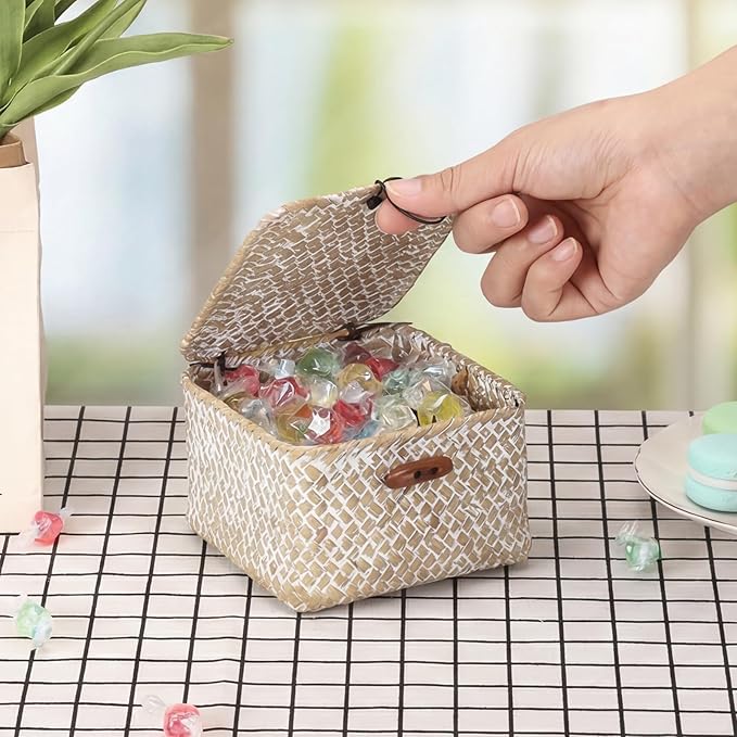 Hipiwe Handwoven Seagrass Basket Decorative Shelf Basket with Lid Mini Wicker Storage Box for Key Hair Ties, Whitewash 4.7" x 4.7" x 3"