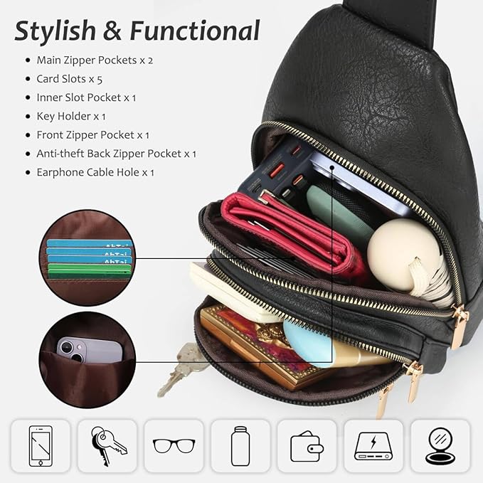 ANPTER Sling Bag for Men Crossbody Chest Bag,PU leather Over the Shoulder Purse Cross Body Sling Backpack for Travel
