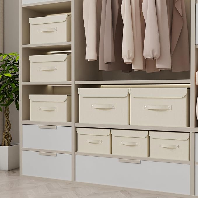Fabric Storage Bins Cube Organizers with Flip-Top Lid and Handles,Storage Boxes for Organizing Home,Office,and Closet,Beige,5 Pack 13 X 9.1 X 7.9 in