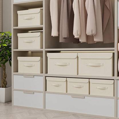 Fabric Storage Bins Cube Organizers with Flip-Top Lid and Handles,Storage Boxes for Organizing Home,Office,and Closet,Beige,5 Pack 13 X 9.1 X 7.9 in