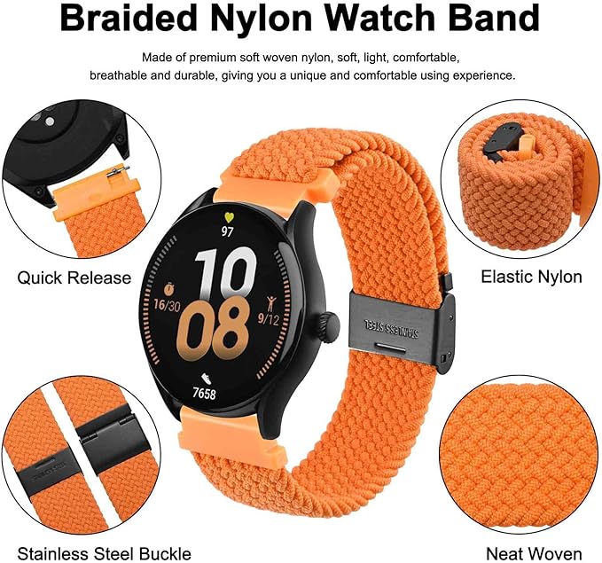 WOCCI 19mm Braided Nylon Watch Band for Men and Women, Quick Release, Black Stainless Steel Buckle (Orange)