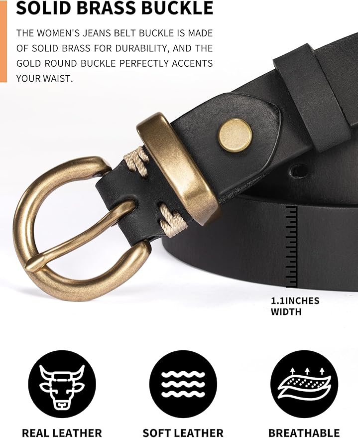 Womens Belts for Jeans Genuine Leather Belt Vintage Solid Brass Circle buckle Gift Box Packaging