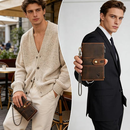 Genuine Crazy Horse Leather Travel Gift Coin Pocket Card Case Long Organizer Chain Rfid Wallet Purse With Snap For Men Male 1803 1815 (1815 Brown)