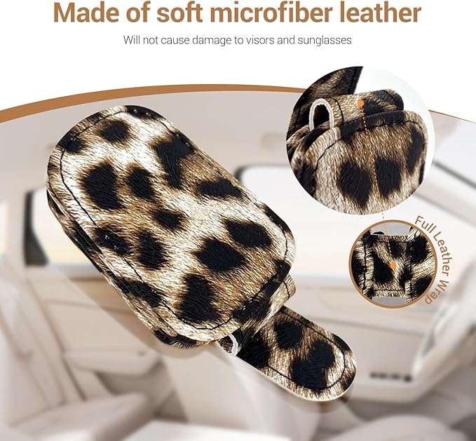 Leopard Sunglass Holder for Car, 2 Pack Universal Magnetic Car Sun Visor Eyeglass Holder, Leopard Print Leather Glasses Clip for Car, Ticket Card Clip, Cheetah Sunglass Holder for Car