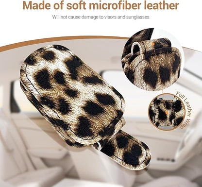 Leopard Sunglass Holder for Car, 2 Pack Universal Magnetic Car Sun Visor Eyeglass Holder, Leopard Print Leather Glasses Clip for Car, Ticket Card Clip, Cheetah Sunglass Holder for Car