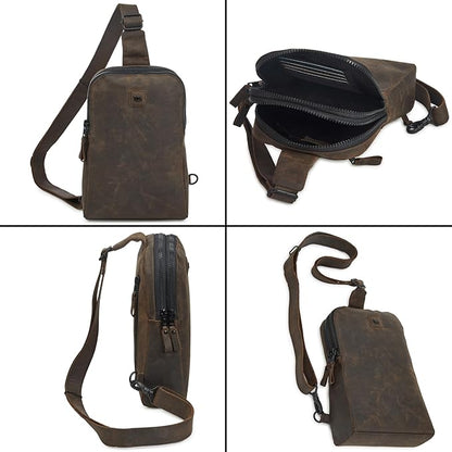 Leather Sling Bag for Women Genuine Crossbody Purse Small Trendy Cross Over Chest with Phone and Credit Card Slots (Coffee Crazy Horse)
