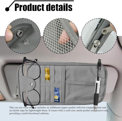 Car Sun Visor Organizer, Auto Accessories Sunglass Holder for Car, Multi-functional Sun Organizer Storage Bag, General Motors Interior Parts Storage Bags are Fit for Cars, SUVs, Trucks (Gray)