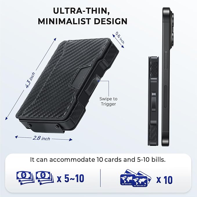 Slim Wallet for Men - Minimalist Mens Wallet with Money Clip, Aluminum Pop Up Card Case and Leather Slots Credit Card Holder RFID Blocking Wallet for Men with Gift Box