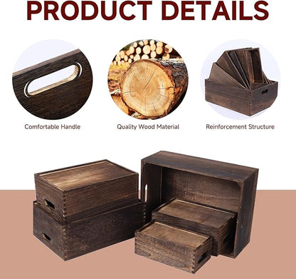 Wooden Crates for Display 5 Pack Extra Large Rustic Nesting Wooden Basket with Handle, Farmhouse Wood Crate for Storage and Container Multipurpose Wood Basket for Fruits Vegetables Boxes
