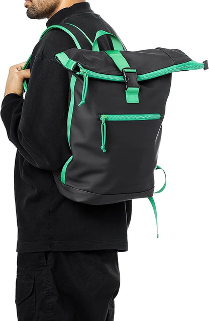 X RAY Roll Top Laptop Backpack for Men Women, PU Leather Expandable Roll Up Backpack Capacity Adjustable 22L Fits 15.6" Laptop, Black/Kelly Green