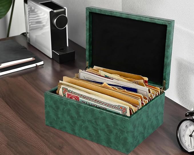 HofferRuffer Faux Leather Decorative Box, Large Wooden Structure Keepsake Box Accessory Organizer Jewelry Organizer with Hinged Lid, Storage Container for Home or Office (Dark Green)