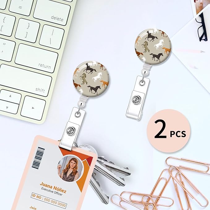 2 Pack Badge Reels Holder Retractable with ID Clip for Nurse Name Tag Card Nursing for Doctor Teacher Student Employee Office Medical Work (Cute Horse)