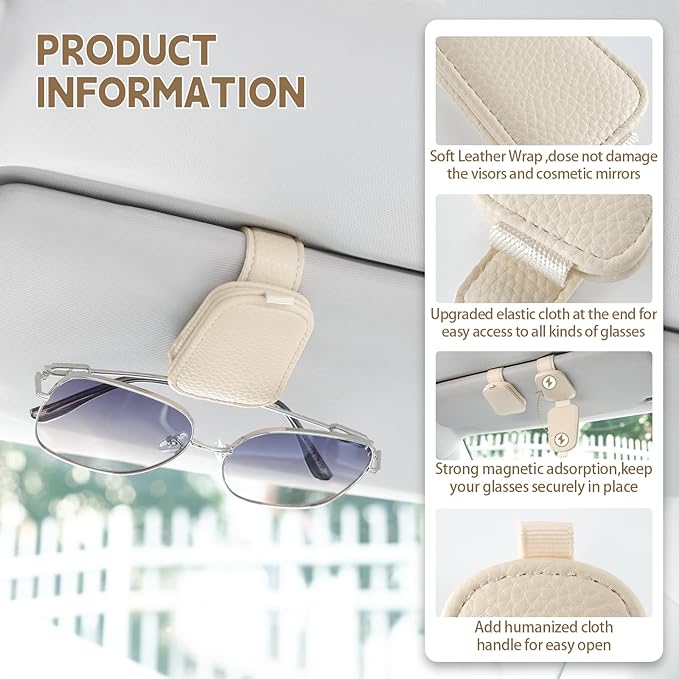 JUSTTOP 2 Pack Sunglasses Holders for Car, Magnetic Leather Buckle Sun Visor Sunglass Clip, Ticket Card Clip Sunglasses Mount, Car Interior Accessories for Men and Women (Beige)